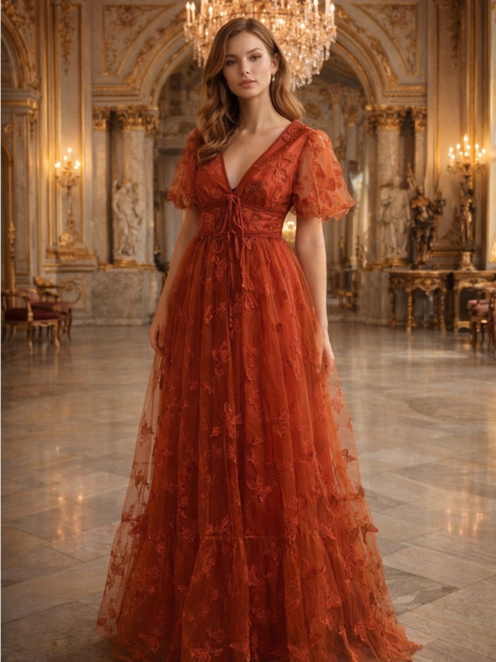 Rust Burnt Orange Butterfly Embroidered Tulle V-Neck Lace Up Maxi Dress Size 2